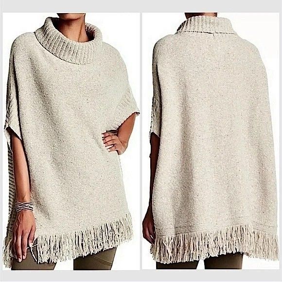 Joie Jackets & Blazers - JOIE Women Wool Blend Hatice Fringed Donegal Turtleneck Poncho Sweater Beige M/L